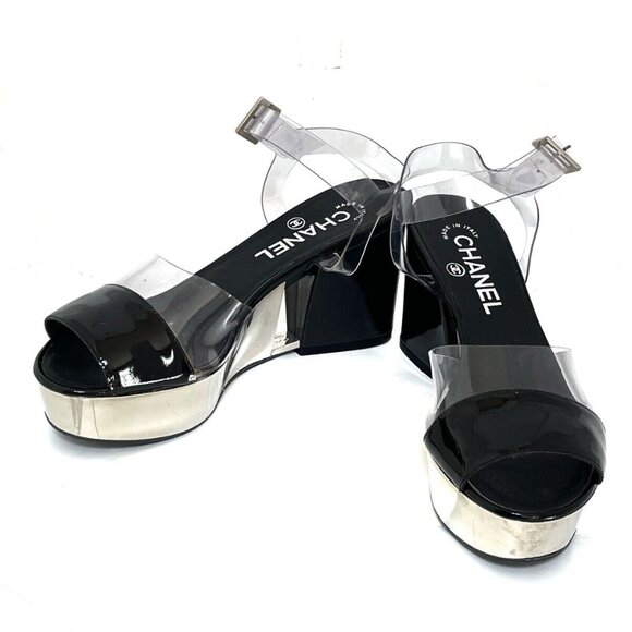 Auth CHANEL - Black Silver Vinyl Patent Leather Women's Sandals - Picture 1 of 6